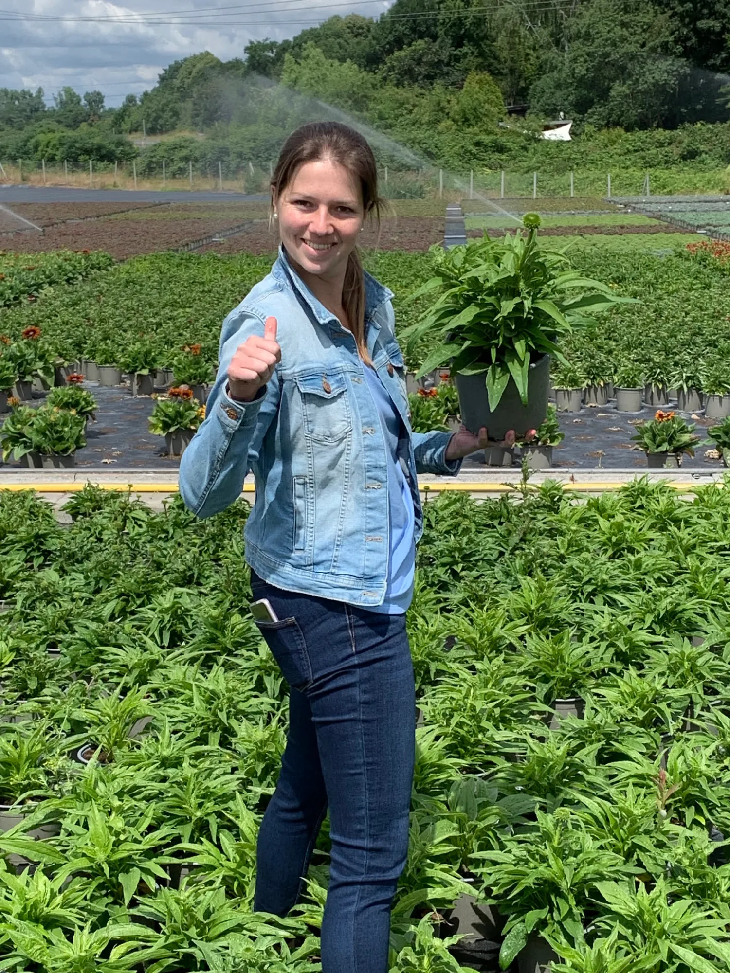 Sabrina Lampert mit einer Echinacea im Container-Quartier eines Staudenbetriebs